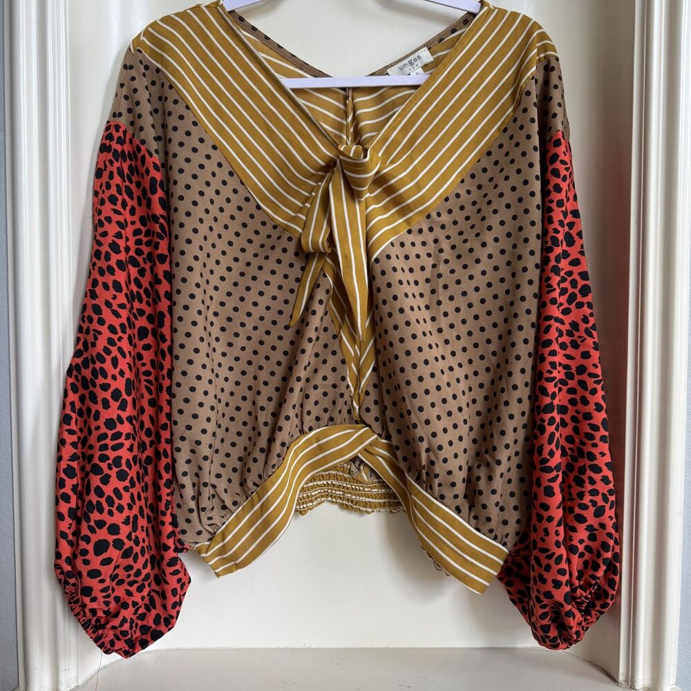 Umgee Long Sleeve Multi-colored, Multi-print Red, Mustard, Tan Blouse Size Small